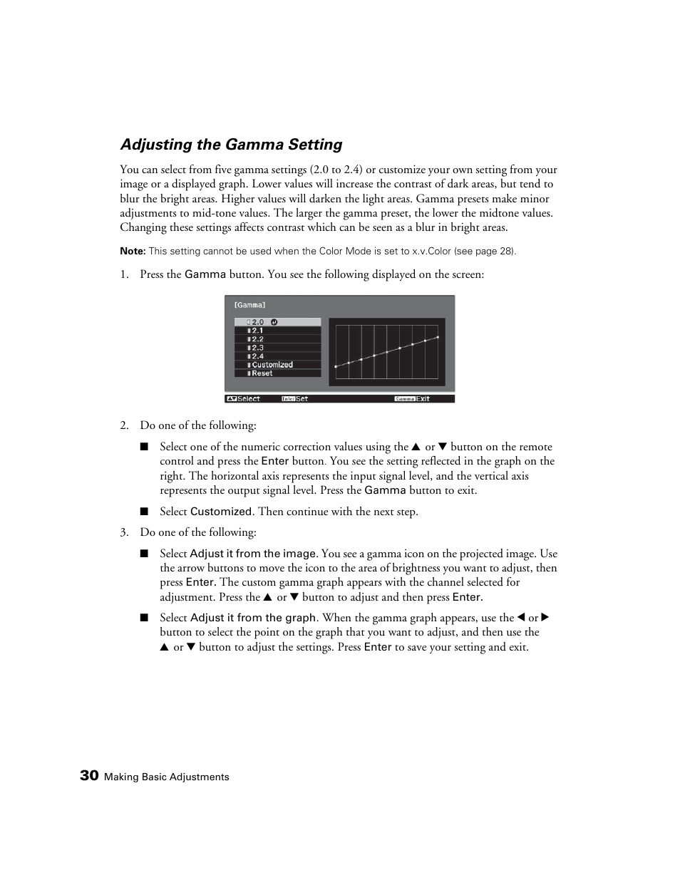 Adjusting the gamma setting | Epson POWERLITE 8350 User Manual | Page 30 / 80