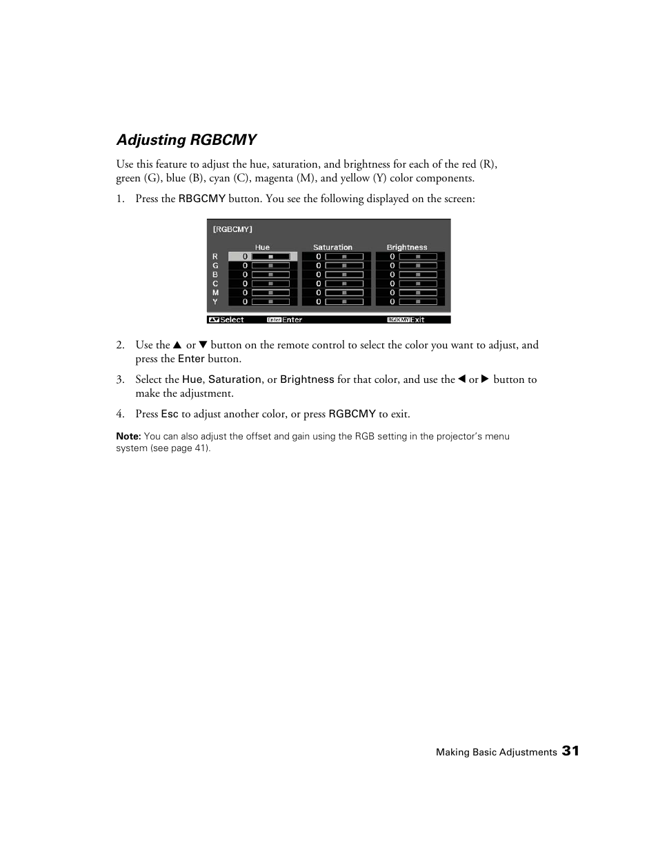 Adjusting rgbcmy | Epson POWERLITE 8350 User Manual | Page 31 / 80