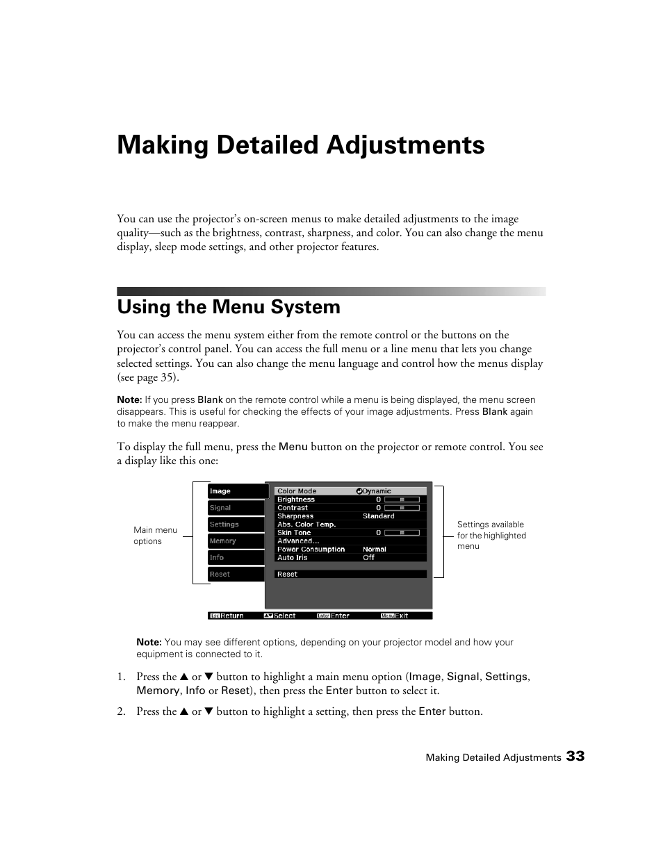 Making detailed adjustments, Using the menu system | Epson POWERLITE 8350 User Manual | Page 33 / 80