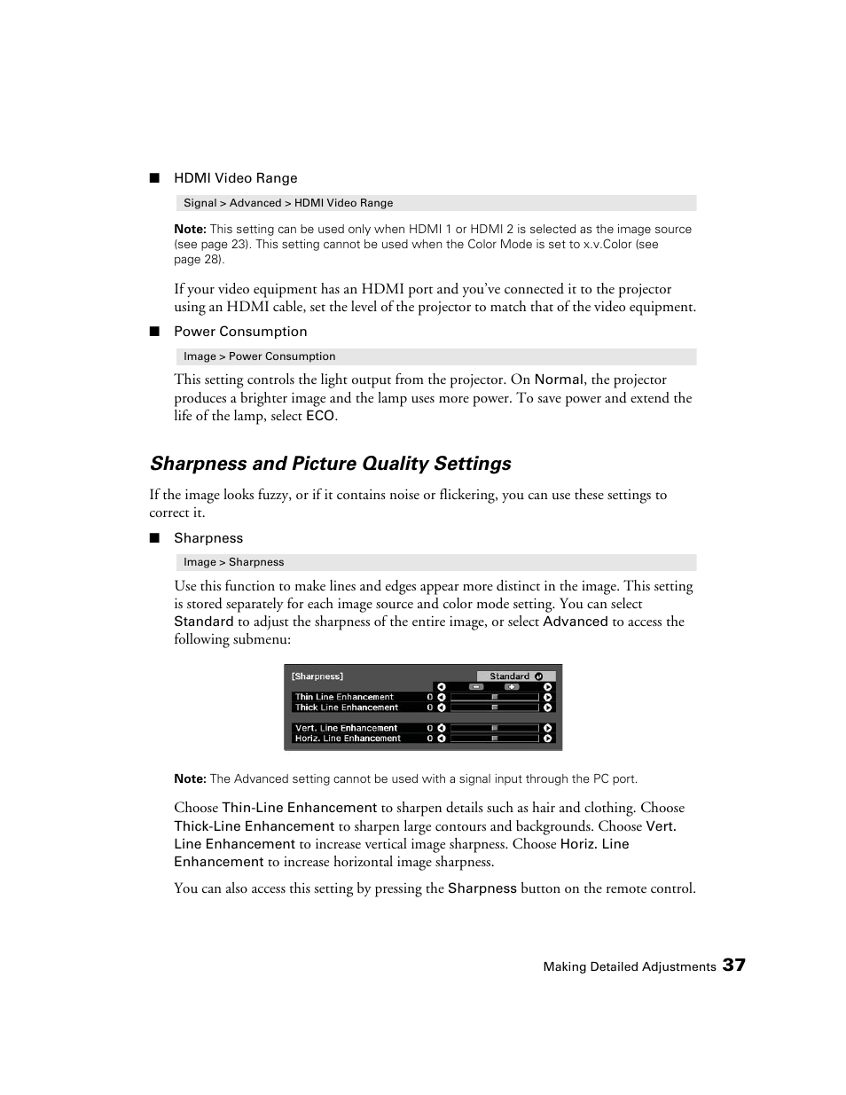 Sharpness and picture quality settings | Epson POWERLITE 8350 User Manual | Page 37 / 80