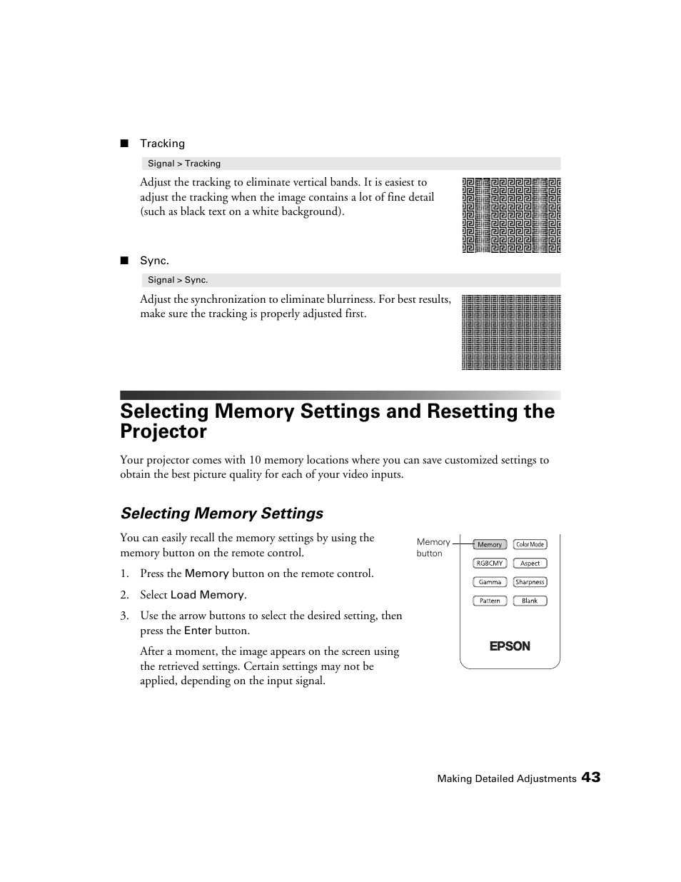 Selecting memory settings | Epson POWERLITE 8350 User Manual | Page 43 / 80