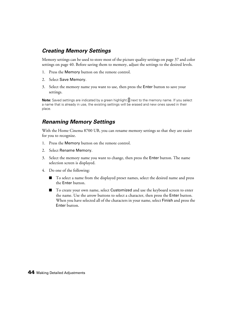 Creating memory settings, Renaming memory settings | Epson POWERLITE 8350 User Manual | Page 44 / 80