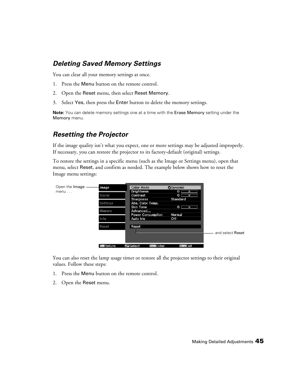 Deleting saved memory settings, Resetting the projector | Epson POWERLITE 8350 User Manual | Page 45 / 80