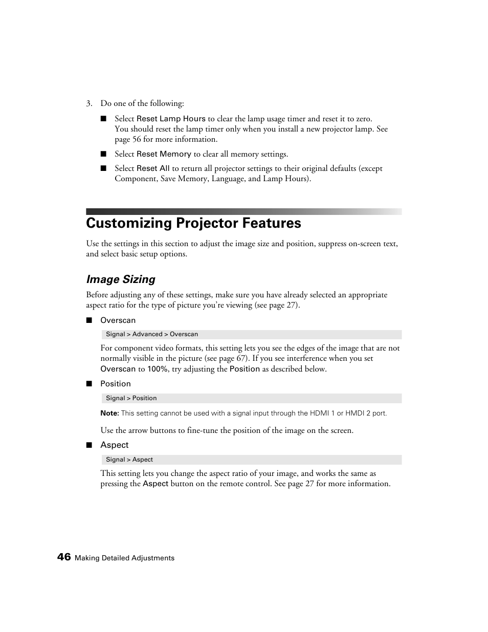 Customizing projector features, Image sizing | Epson POWERLITE 8350 User Manual | Page 46 / 80