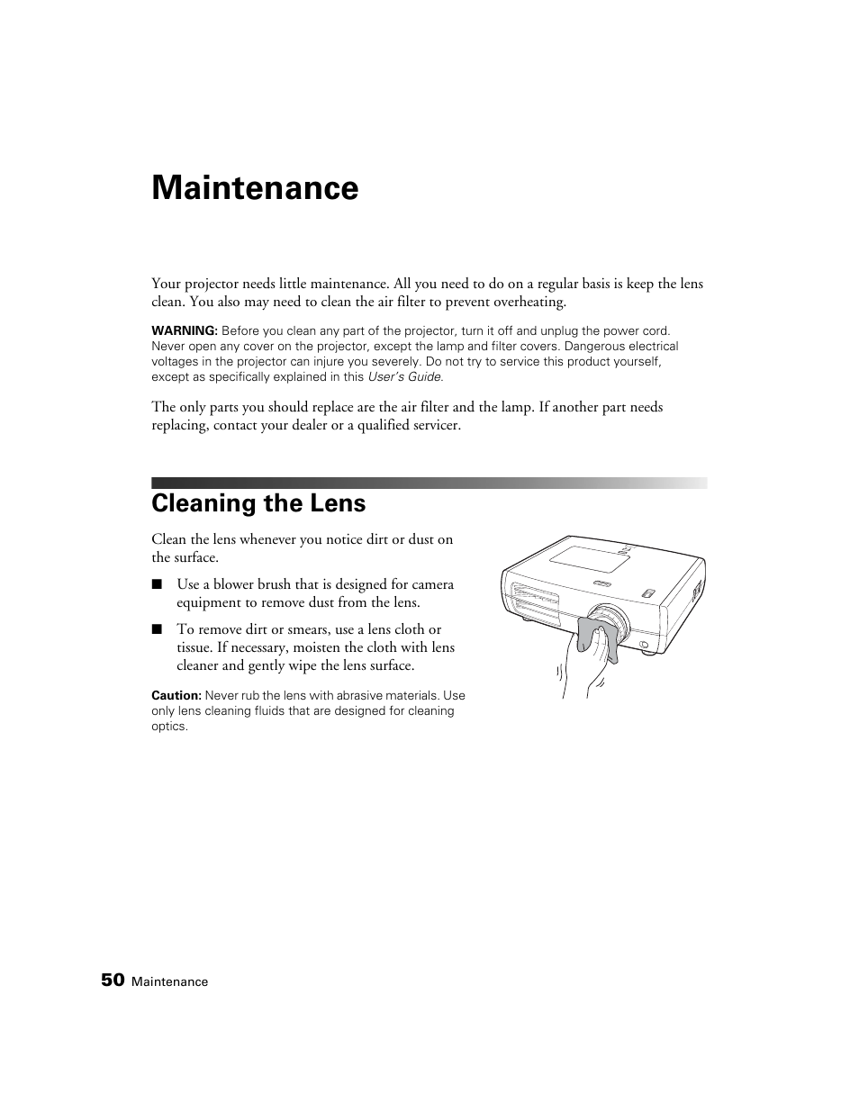 Maintenance, Cleaning the lens | Epson POWERLITE 8350 User Manual | Page 50 / 80