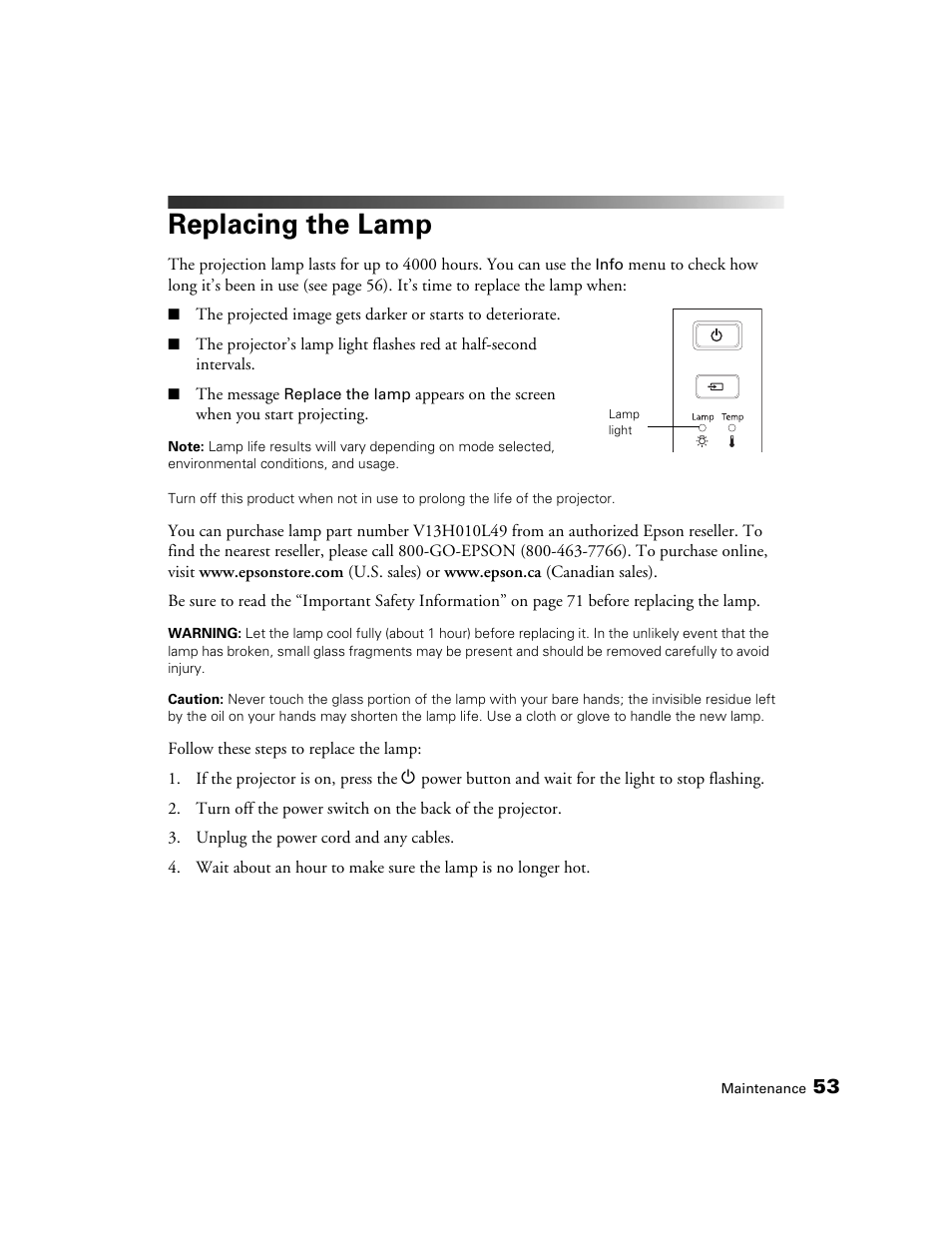 Replacing the lamp | Epson POWERLITE 8350 User Manual | Page 53 / 80