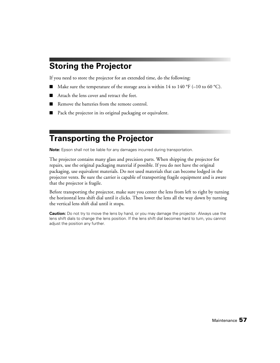 Storing the projector, Transporting the projector | Epson POWERLITE 8350 User Manual | Page 57 / 80