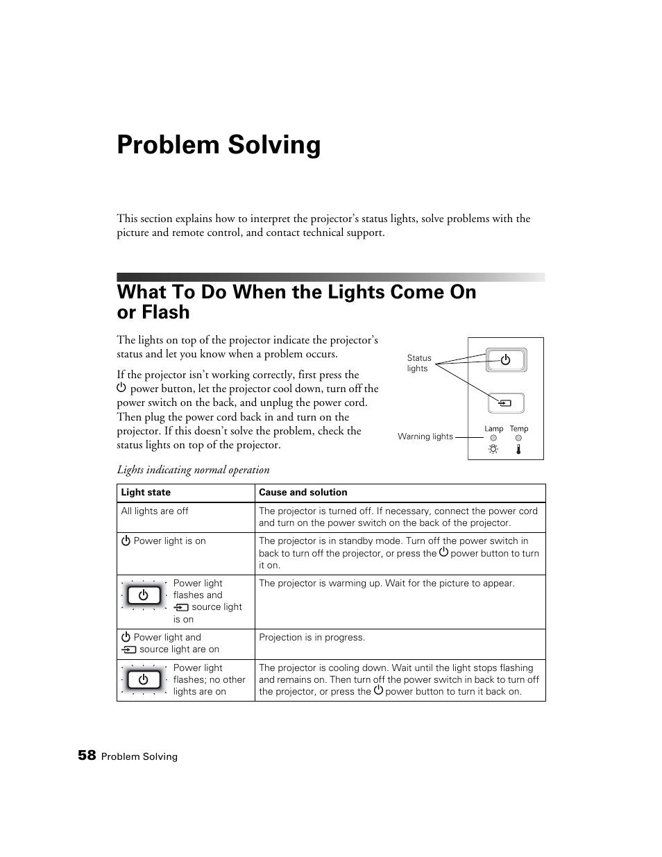 Problem solving, What to do when the lights come on or flash | Epson POWERLITE 8350 User Manual | Page 58 / 80