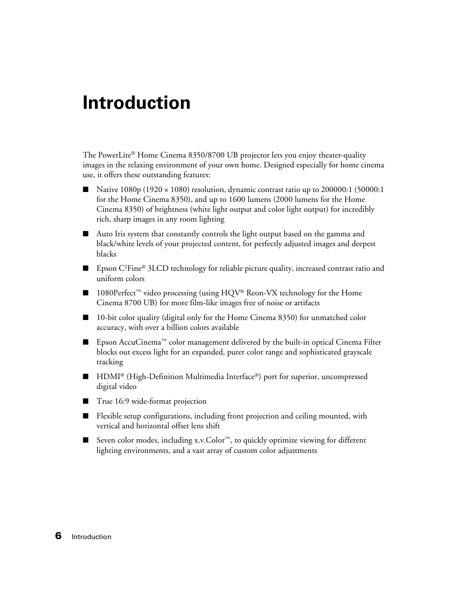 Introduction | Epson POWERLITE 8350 User Manual | Page 6 / 80