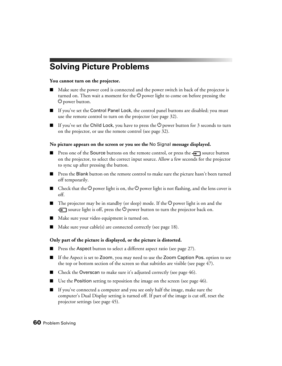 Solving picture problems | Epson POWERLITE 8350 User Manual | Page 60 / 80