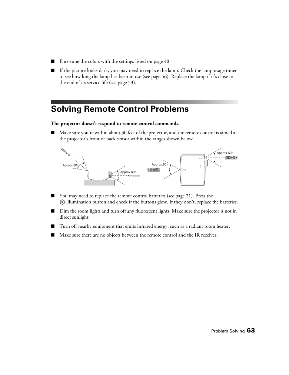 Solving remote control problems | Epson POWERLITE 8350 User Manual | Page 63 / 80