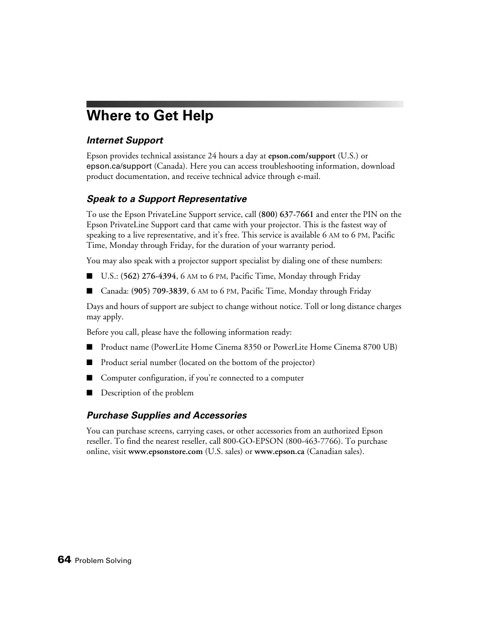 Where to get help | Epson POWERLITE 8350 User Manual | Page 64 / 80