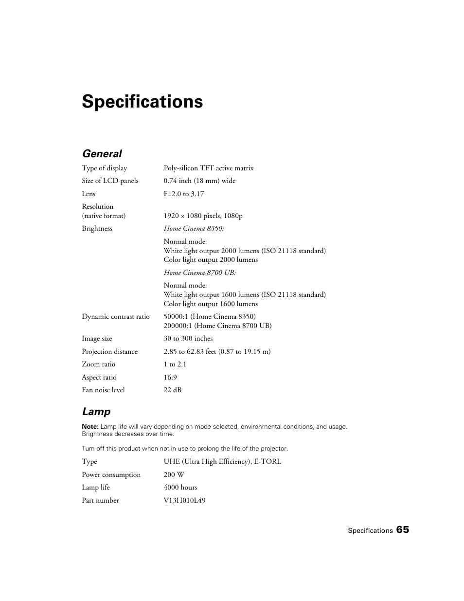 Specifications, General, Lamp | Epson POWERLITE 8350 User Manual | Page 65 / 80