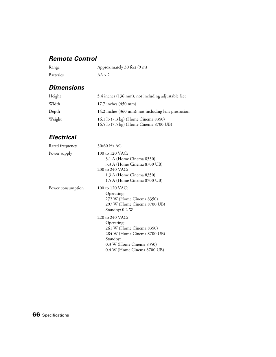 Remote control, Dimensions, Electrical | Epson POWERLITE 8350 User Manual | Page 66 / 80