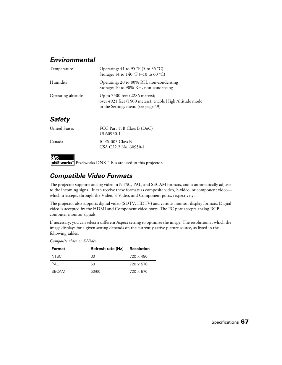 Environmental, Safety, Compatible video formats | Epson POWERLITE 8350 User Manual | Page 67 / 80