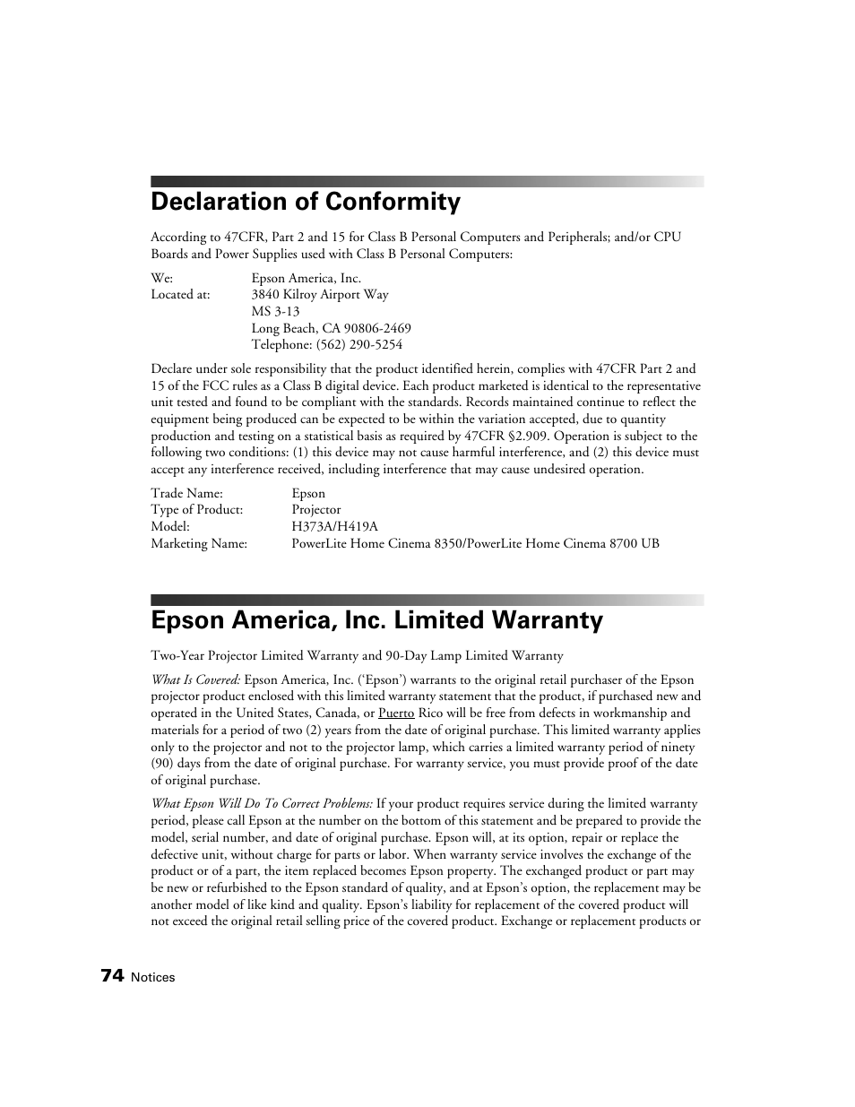 Declaration of conformity, Epson america, inc. limited warranty, Warranty | Epson POWERLITE 8350 User Manual | Page 74 / 80