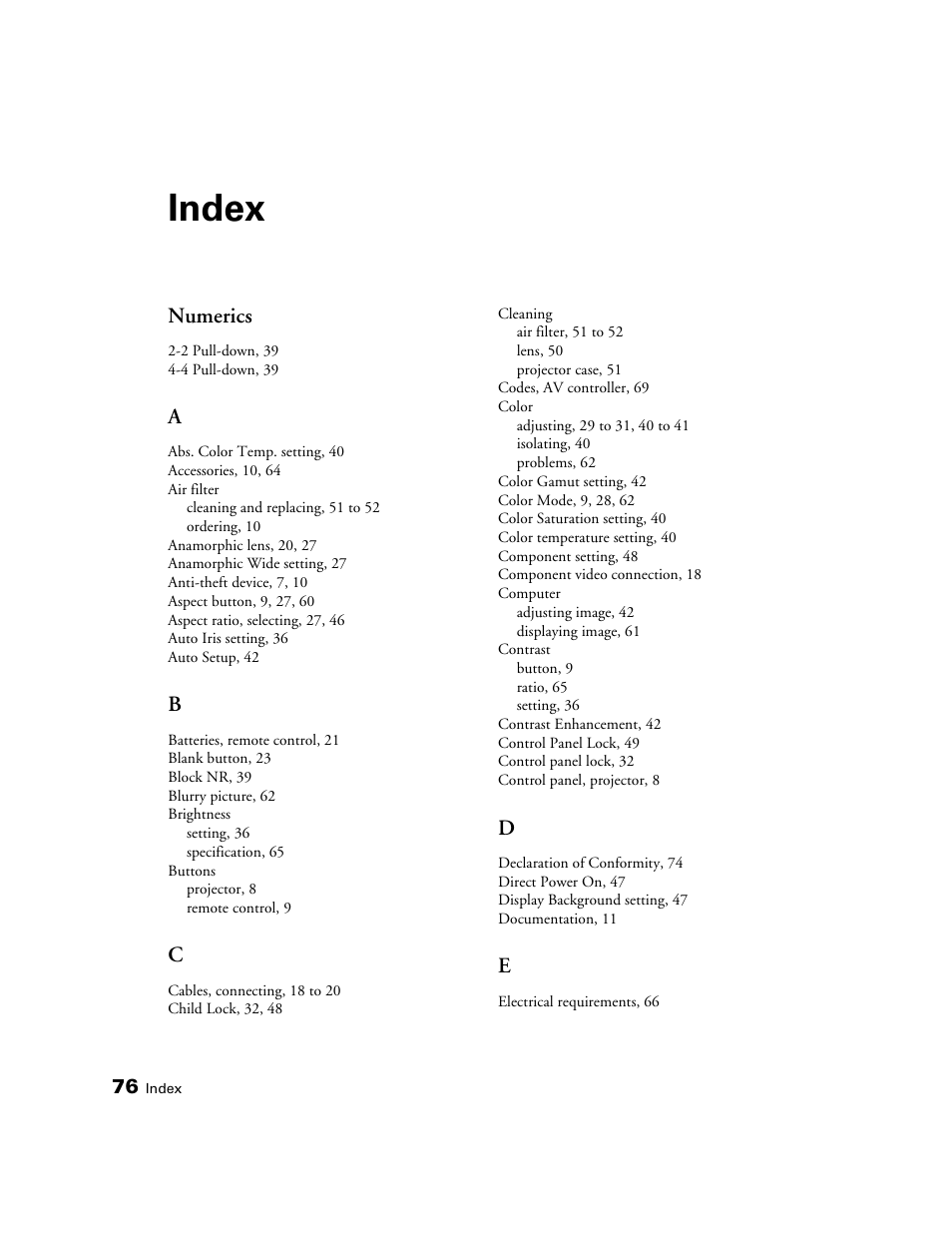 Index, Numerics | Epson POWERLITE 8350 User Manual | Page 76 / 80