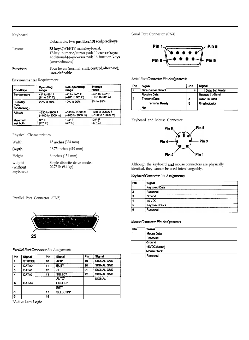 Keyboard, Environmental requirements, Physical characteristics | Connector pin assignments, Parallel port connector (cn5), Serial port connector (cn4), Keyboard and mouse connector | Epson EQUITY 386SX/20 PLUS User Manual | Page 2 / 6