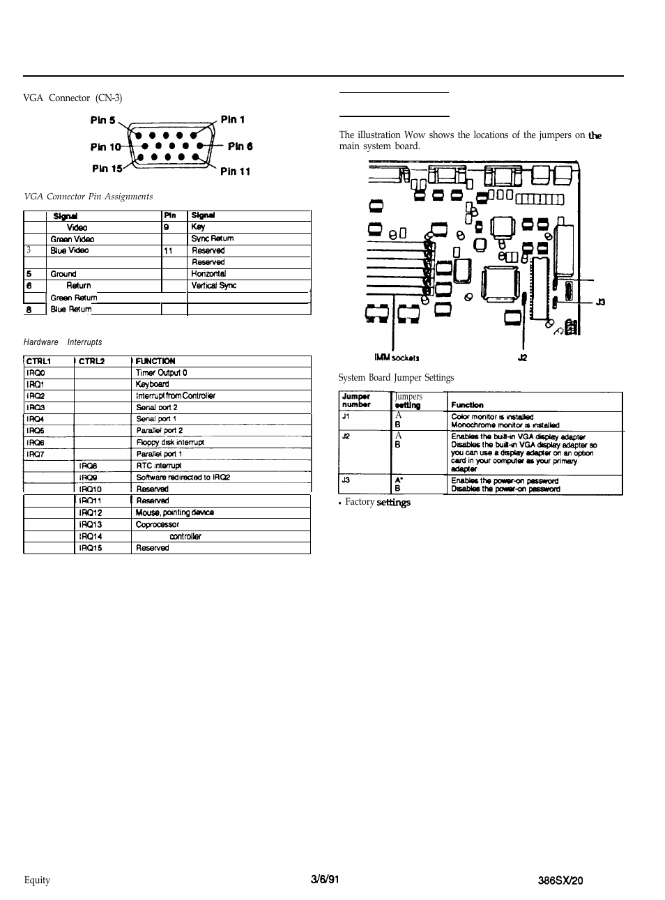 Vga connector (cn-3), Jumper settings, System board jumper settings | Series computers plus-3 | Epson EQUITY 386SX/20 PLUS User Manual | Page 3 / 6