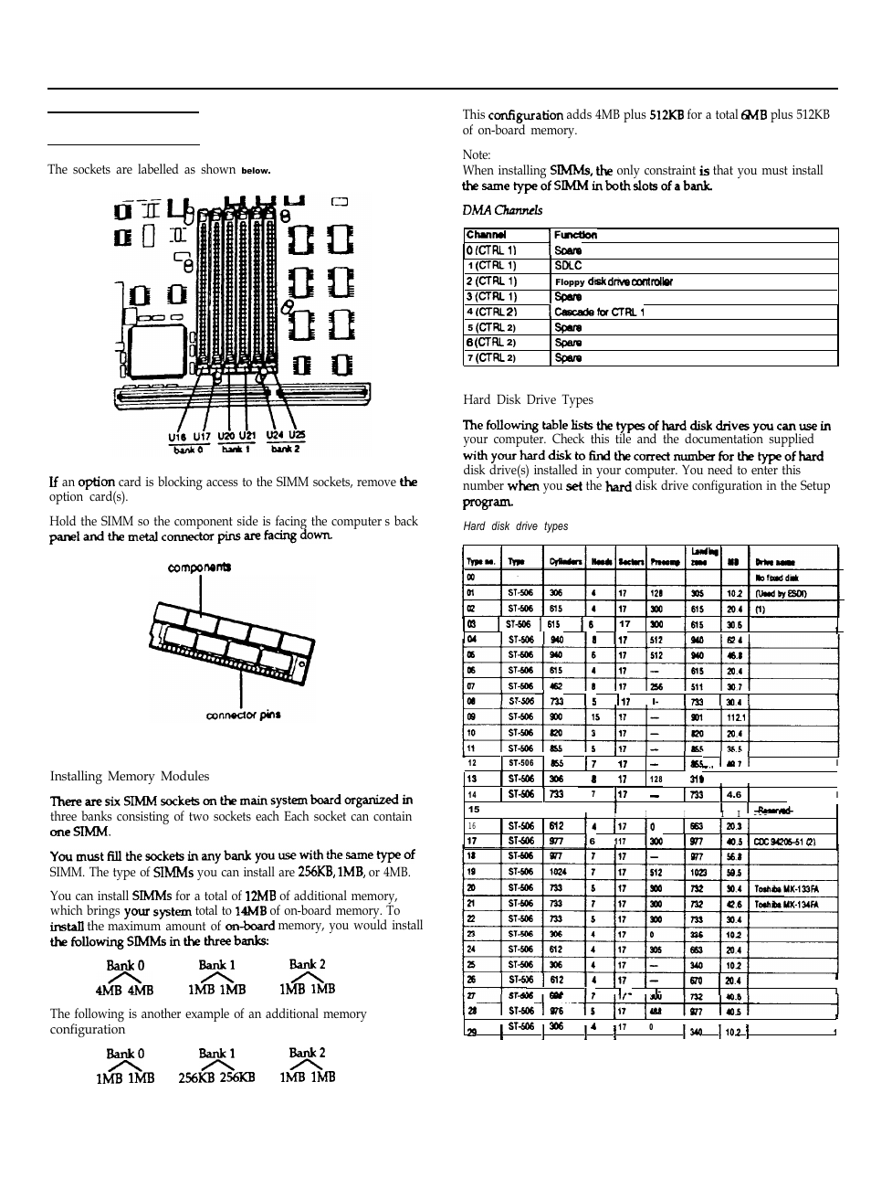 Simm installation, Installing memory modules, Dma channels | Hard disk drive types, I 10.3 i i, Equity series computers | Epson EQUITY 386SX/20 PLUS User Manual | Page 4 / 6