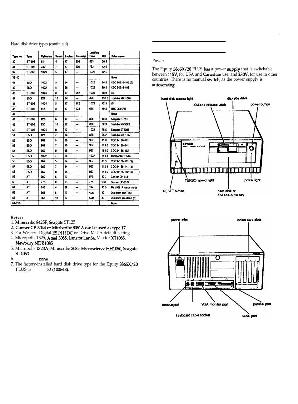 Installation / support tips, Power | Epson EQUITY 386SX/20 PLUS User Manual | Page 5 / 6