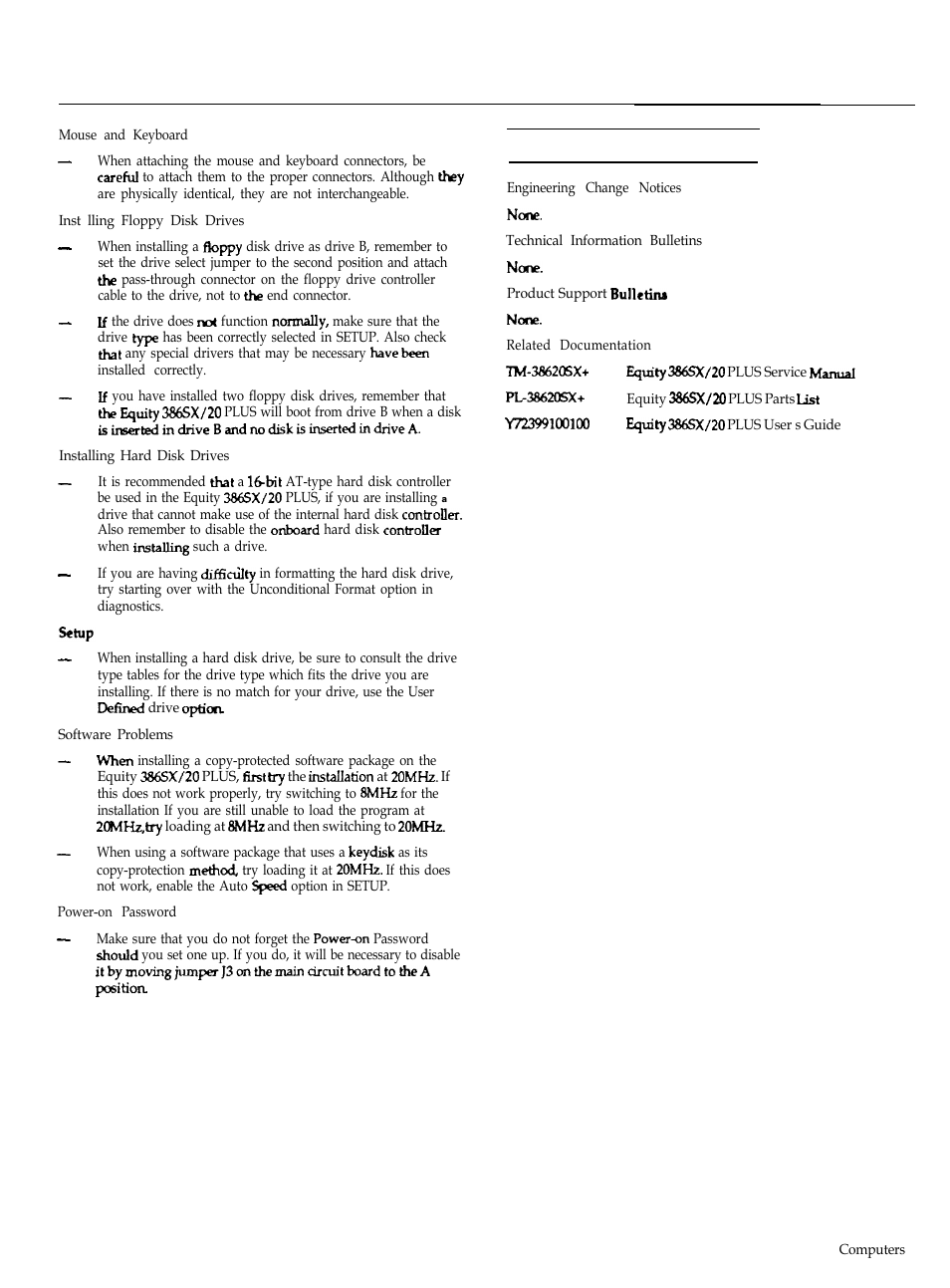 Mouse and keyboard, Installing floppy disk drives, Installing hard disk drives | Setup, Software problems, Power-on password, Information reference list, Related documentation | Epson EQUITY 386SX/20 PLUS User Manual | Page 6 / 6
