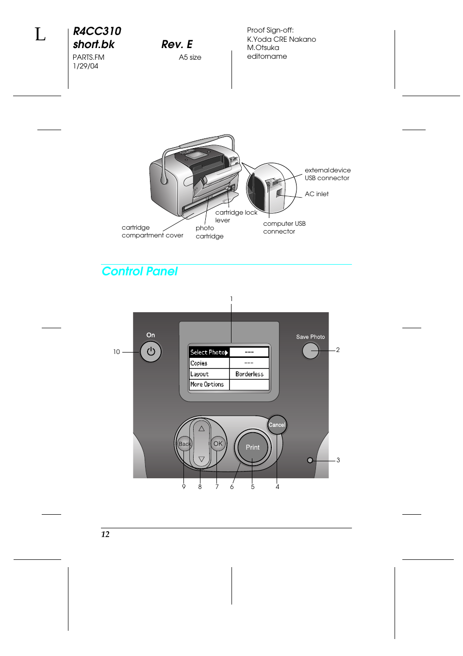 Control panel, R4cc310 short.bk rev. e | Epson A251B User Manual | Page 12 / 86