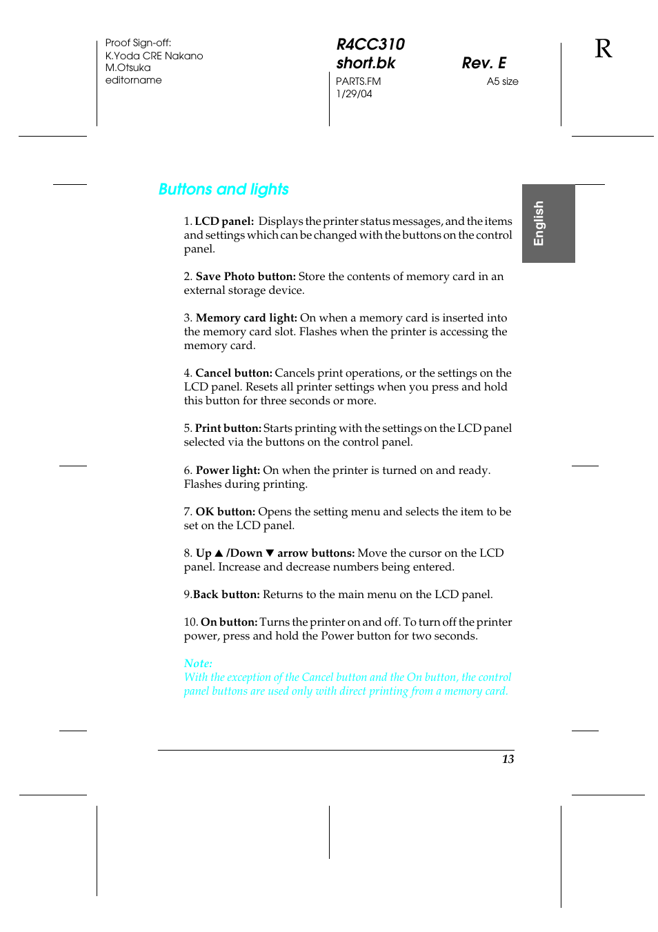 R4cc310 short.bk rev. e, Buttons and lights | Epson A251B User Manual | Page 13 / 86