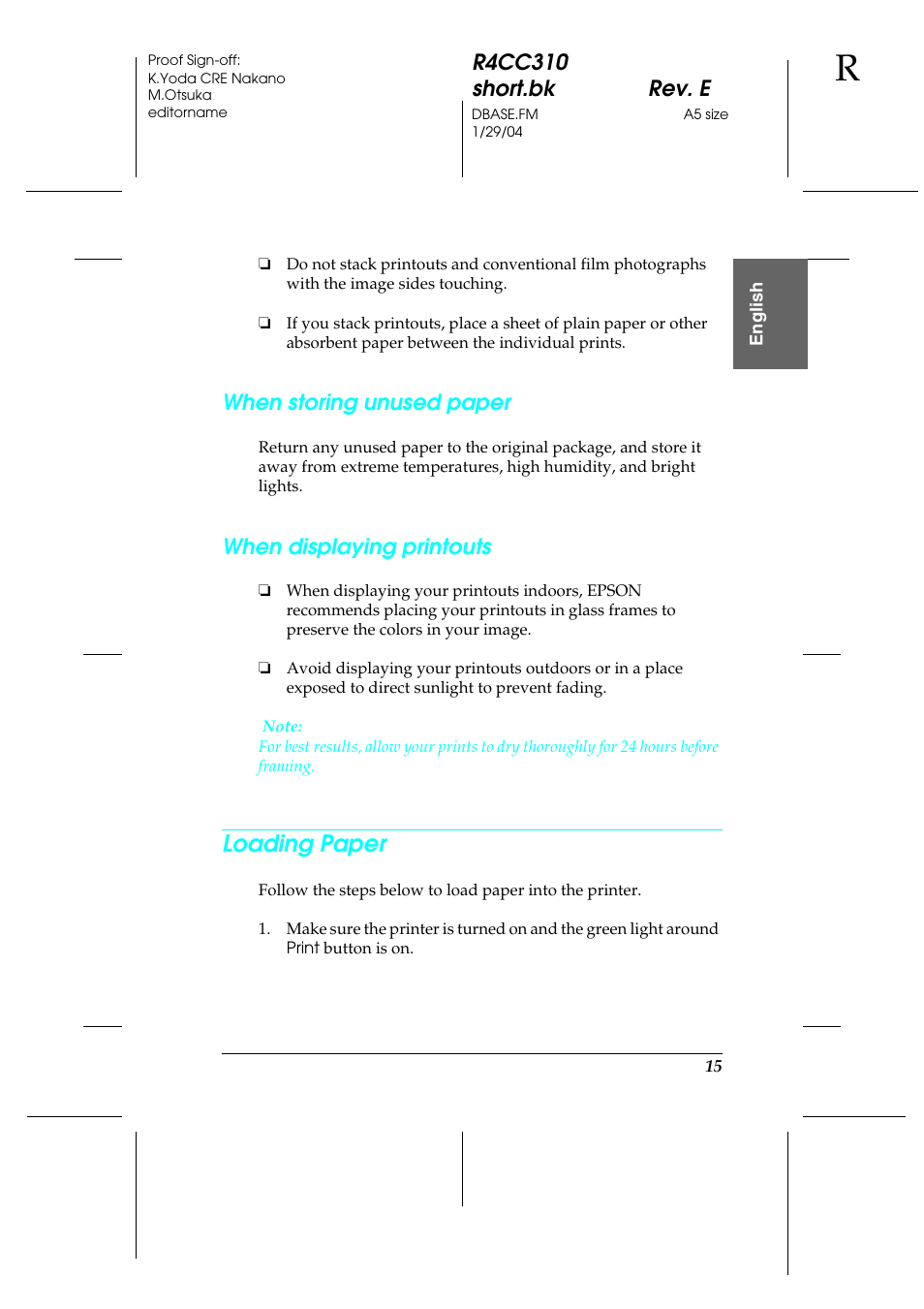 Loading paper, R4cc310 short.bk rev. e, When storing unused paper | When displaying printouts | Epson A251B User Manual | Page 15 / 86