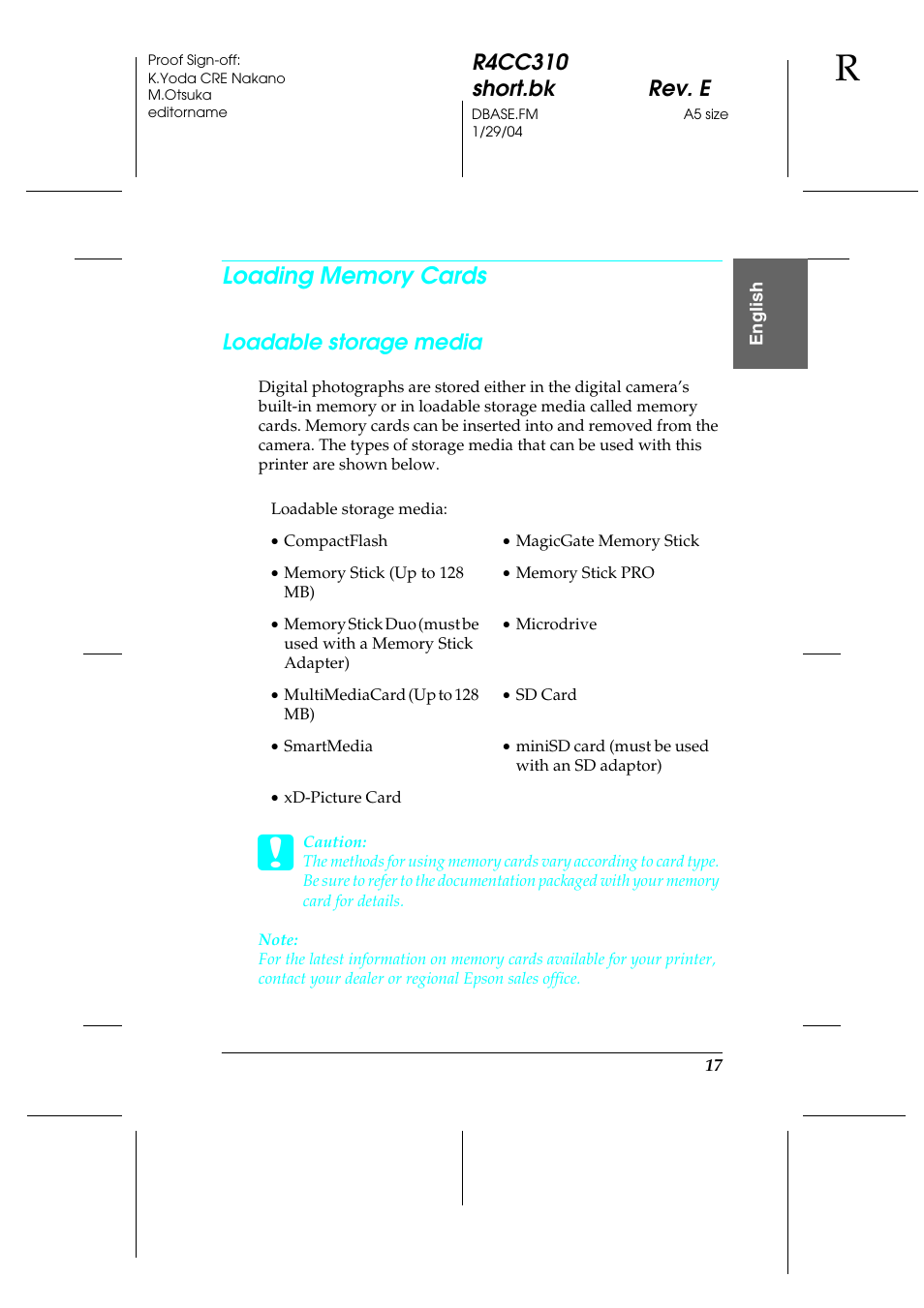 R4cc310 short.bk rev. e, Loadable storage media | Epson A251B User Manual | Page 17 / 86