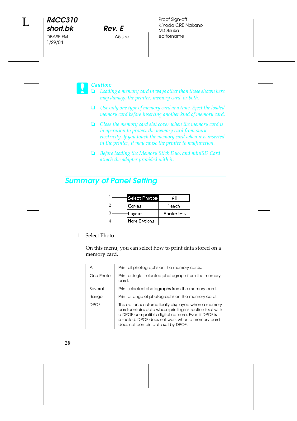 Summary of panel setting, R4cc310 short.bk rev. e | Epson A251B User Manual | Page 20 / 86