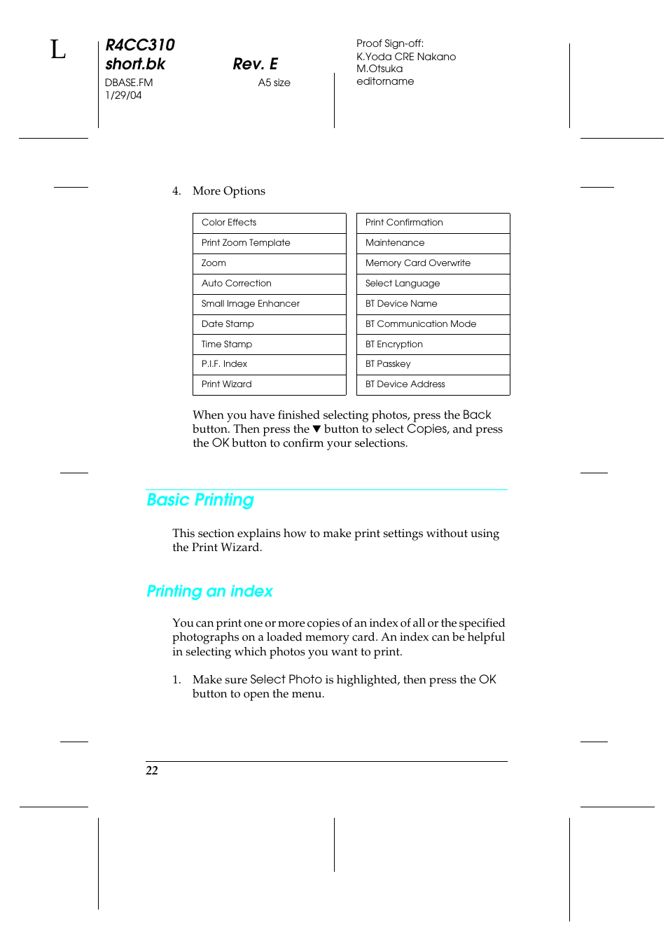 Basic printing, R4cc310 short.bk rev. e, Printing an index | Epson A251B User Manual | Page 22 / 86