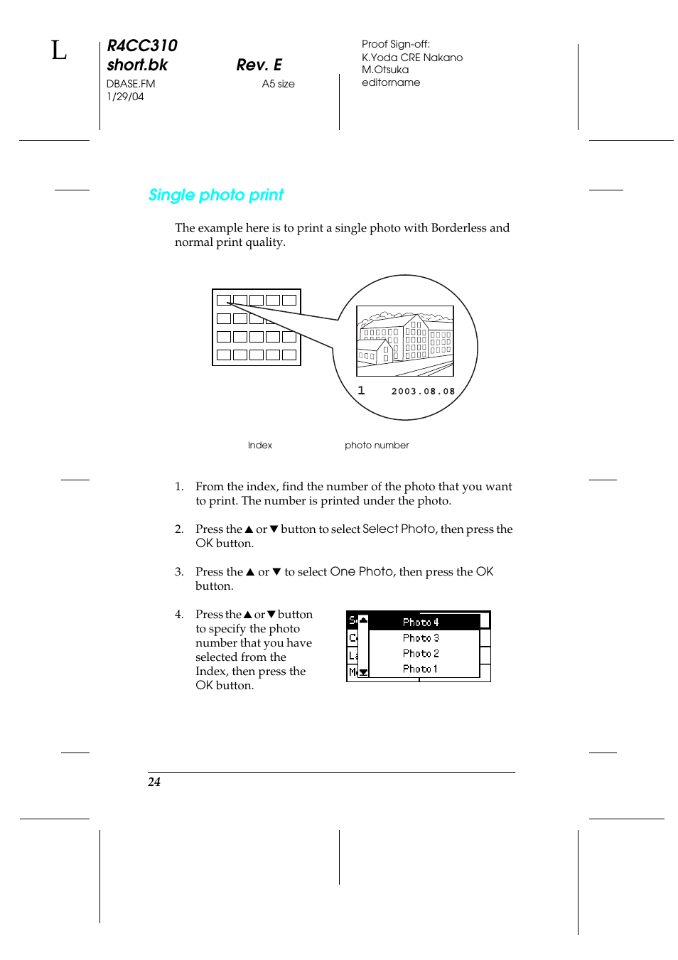 R4cc310 short.bk rev. e, Single photo print | Epson A251B User Manual | Page 24 / 86