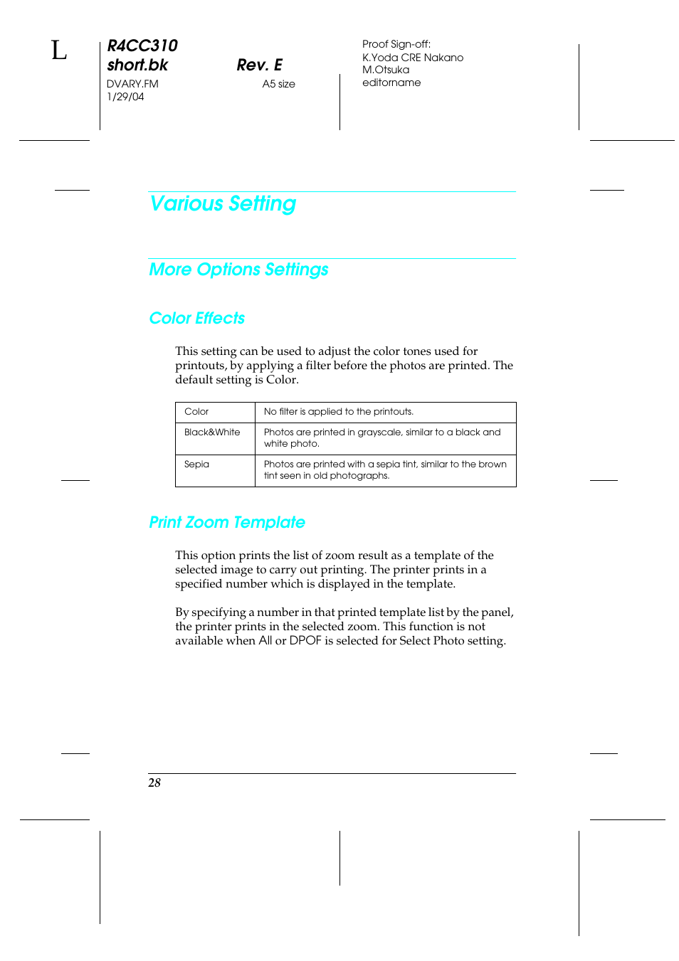 Various setting, More options settings, R4cc310 short.bk rev. e | Color effects, Print zoom template | Epson A251B User Manual | Page 28 / 86