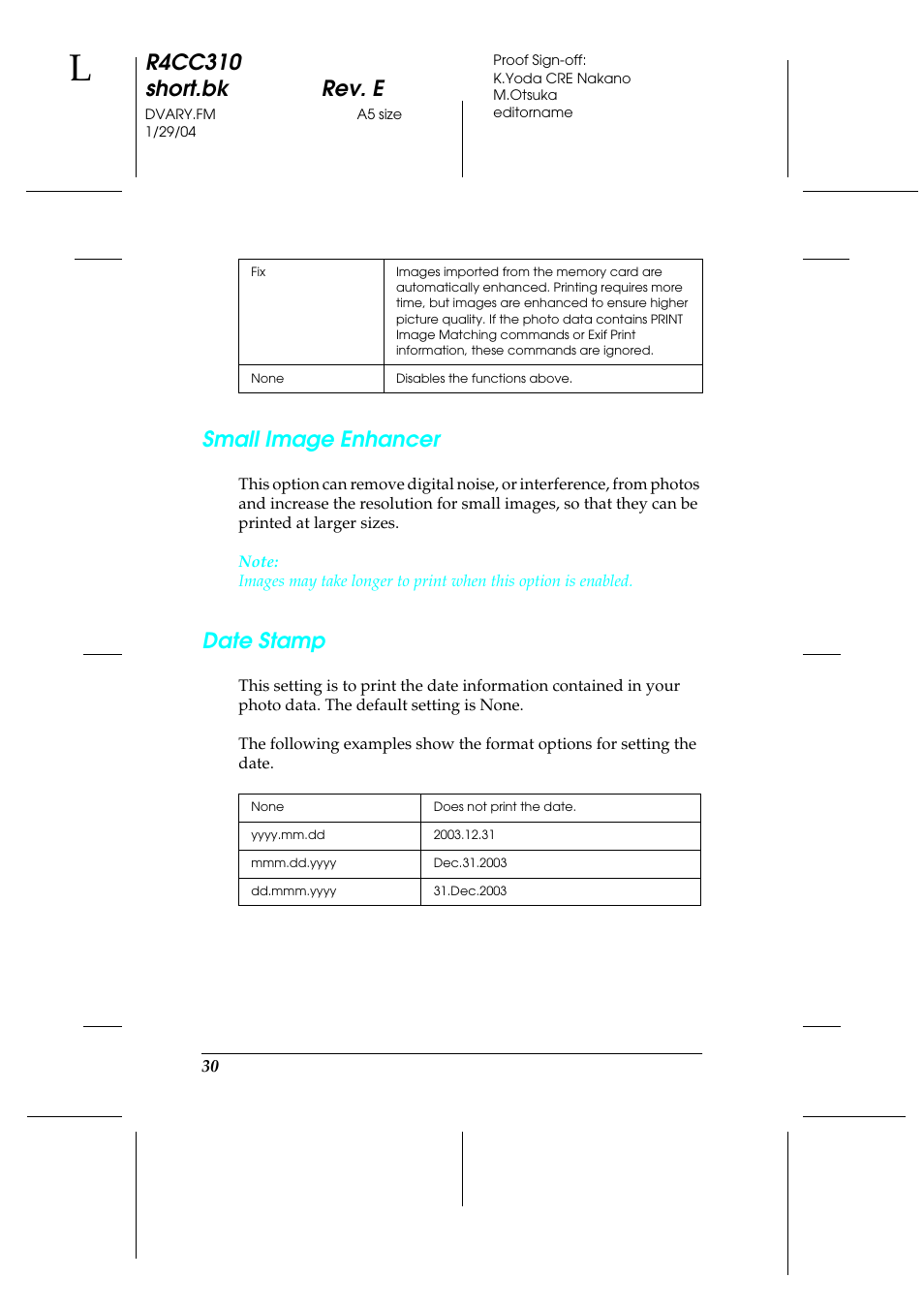 R4cc310 short.bk rev. e, Small image enhancer, Date stamp | Epson A251B User Manual | Page 30 / 86
