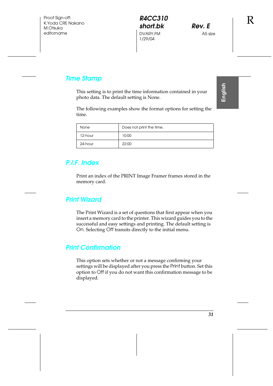 R4cc310 short.bk rev. e, Time stamp, P.i.f. index | Print wizard, Print confirmation | Epson A251B User Manual | Page 31 / 86