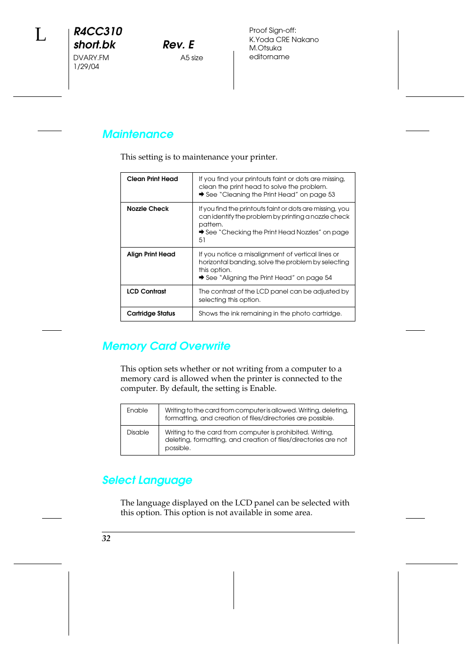 R4cc310 short.bk rev. e, Maintenance, Select language | Epson A251B User Manual | Page 32 / 86