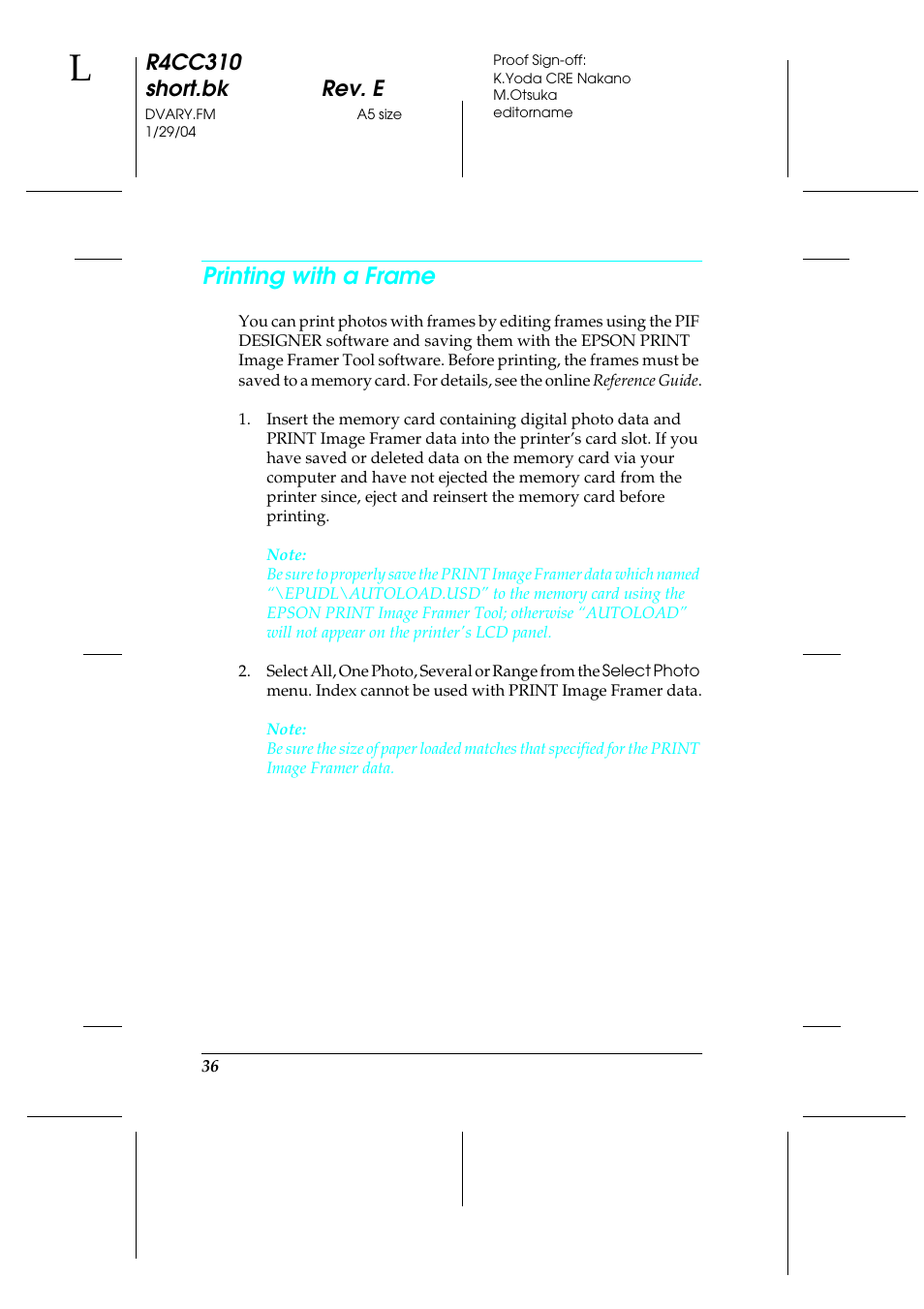 Printing with a frame, R4cc310 short.bk rev. e | Epson A251B User Manual | Page 36 / 86