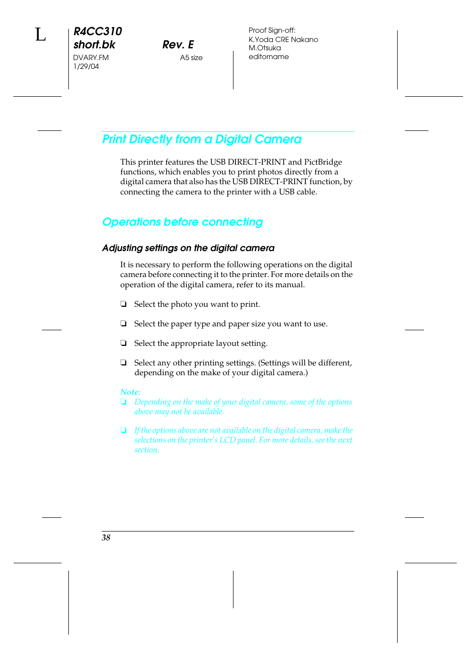 Print directly from a digital camera, R4cc310 short.bk rev. e, Operations before connecting | Epson A251B User Manual | Page 38 / 86