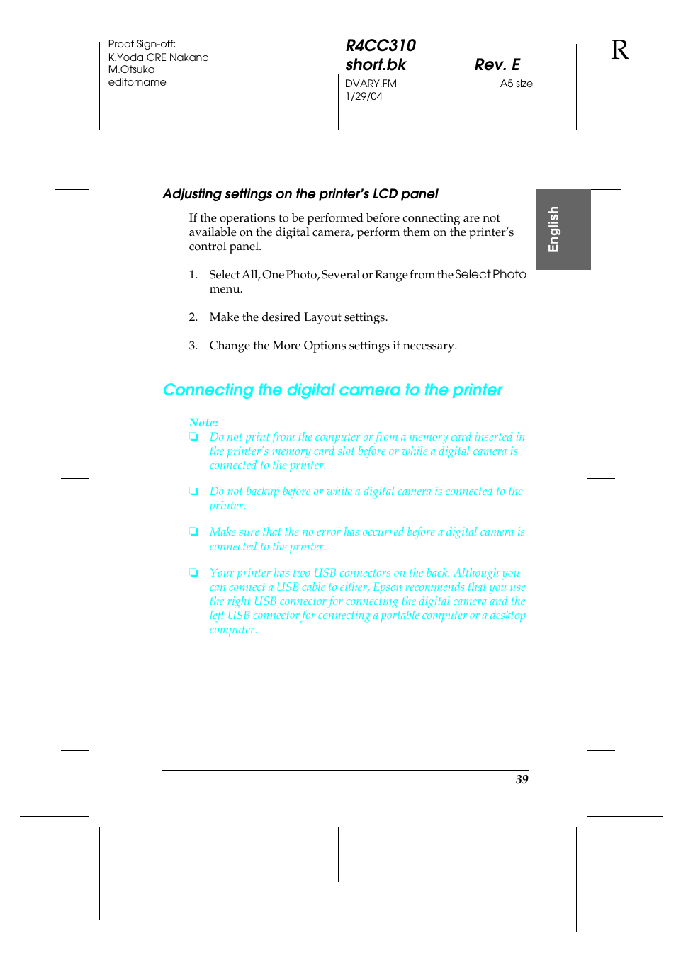 R4cc310 short.bk rev. e, Connecting the digital camera to the printer | Epson A251B User Manual | Page 39 / 86