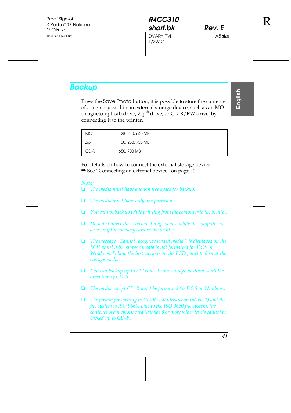 Backup, R4cc310 short.bk rev. e | Epson A251B User Manual | Page 41 / 86