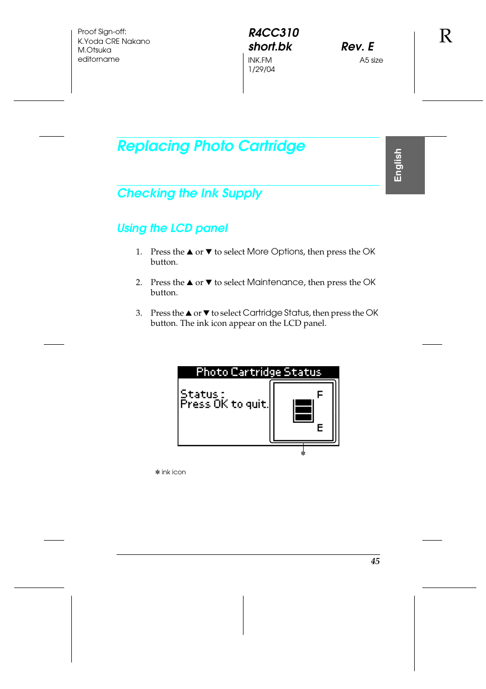 Replacing photo cartridge, Checking the ink supply, R4cc310 short.bk rev. e | Using the lcd panel | Epson A251B User Manual | Page 45 / 86
