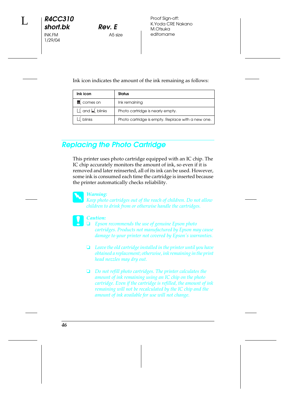 Replacing the photo cartridge, R4cc310 short.bk rev. e | Epson A251B User Manual | Page 46 / 86