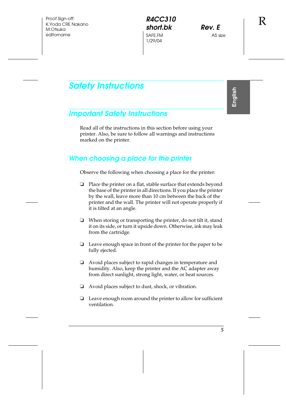 Safety instructions, Important safety instructions, R4cc310 short.bk rev. e | When choosing a place for the printer | Epson A251B User Manual | Page 5 / 86