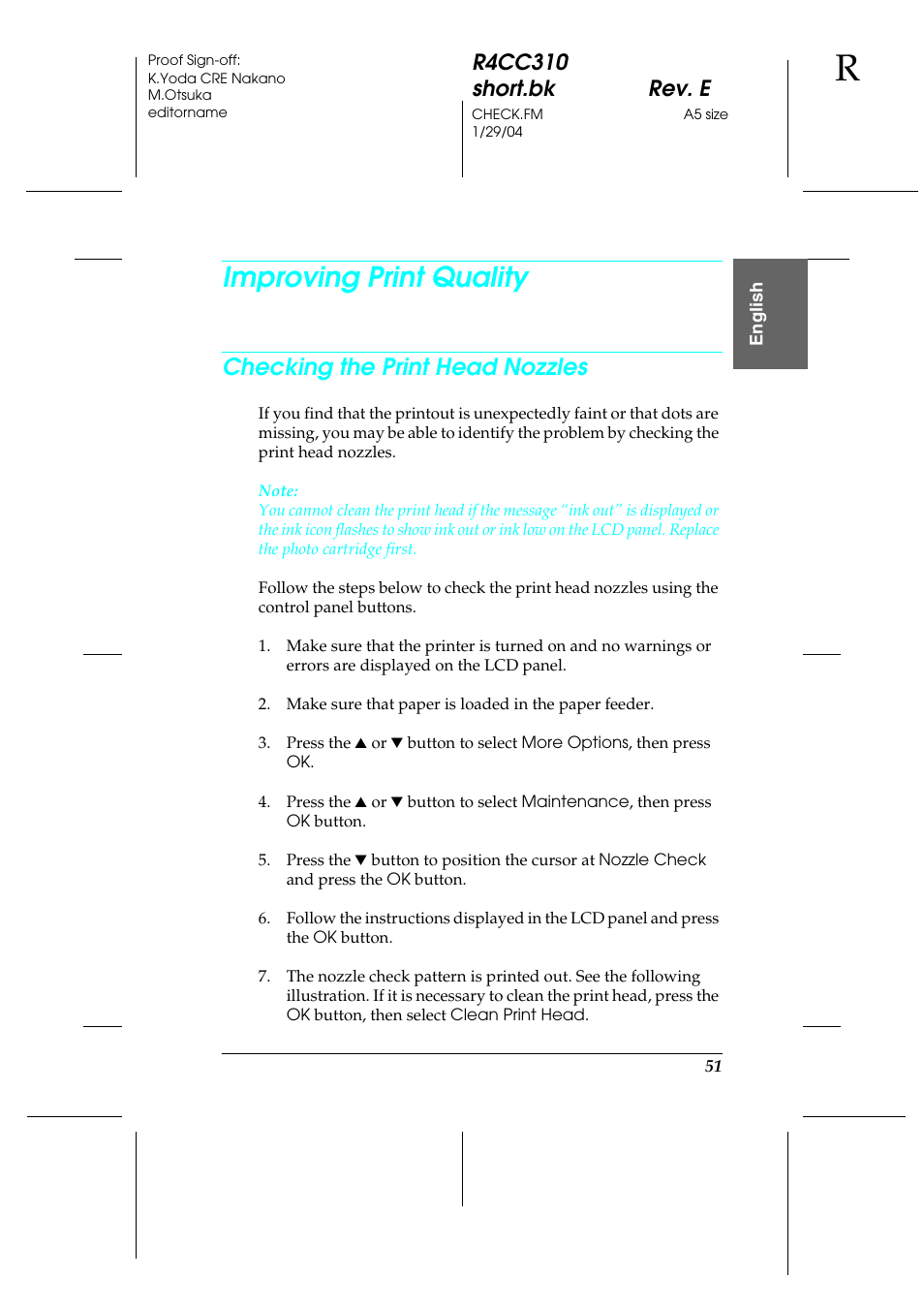 Improving print quality, Checking the print head nozzles, R4cc310 short.bk rev. e | Epson A251B User Manual | Page 51 / 86