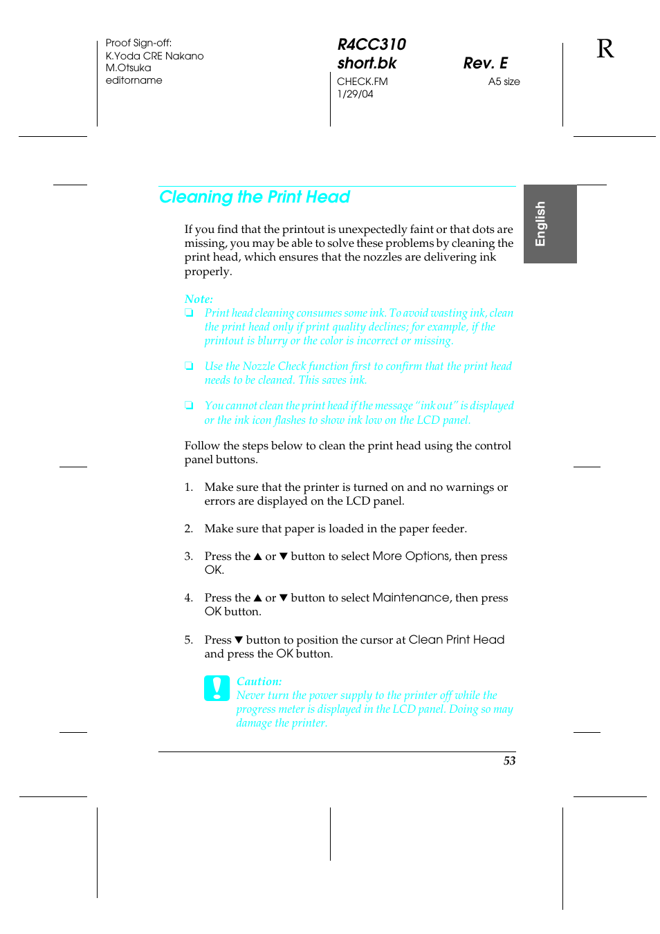 Cleaning the print head, R4cc310 short.bk rev. e | Epson A251B User Manual | Page 53 / 86