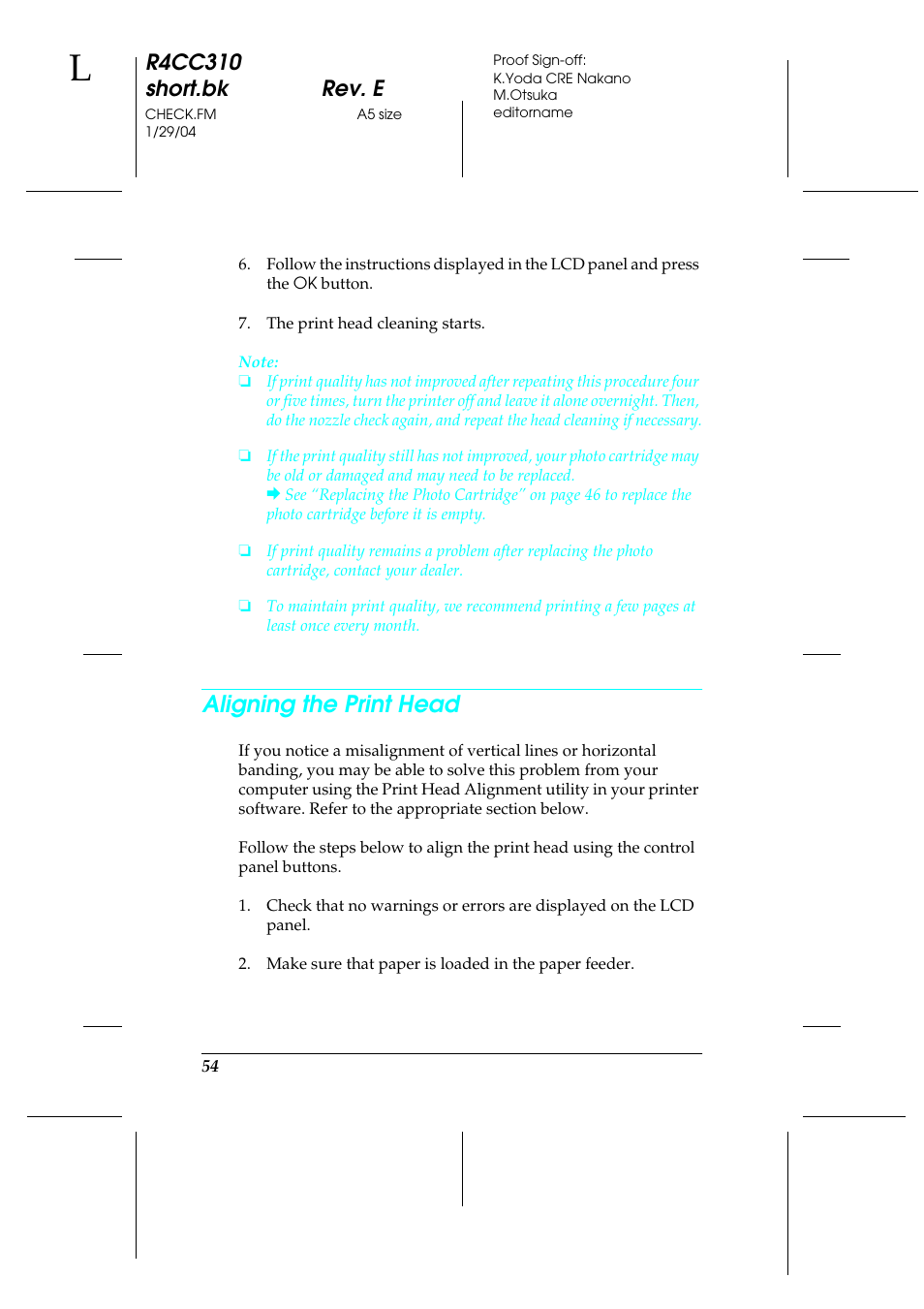 Aligning the print head, R4cc310 short.bk rev. e | Epson A251B User Manual | Page 54 / 86