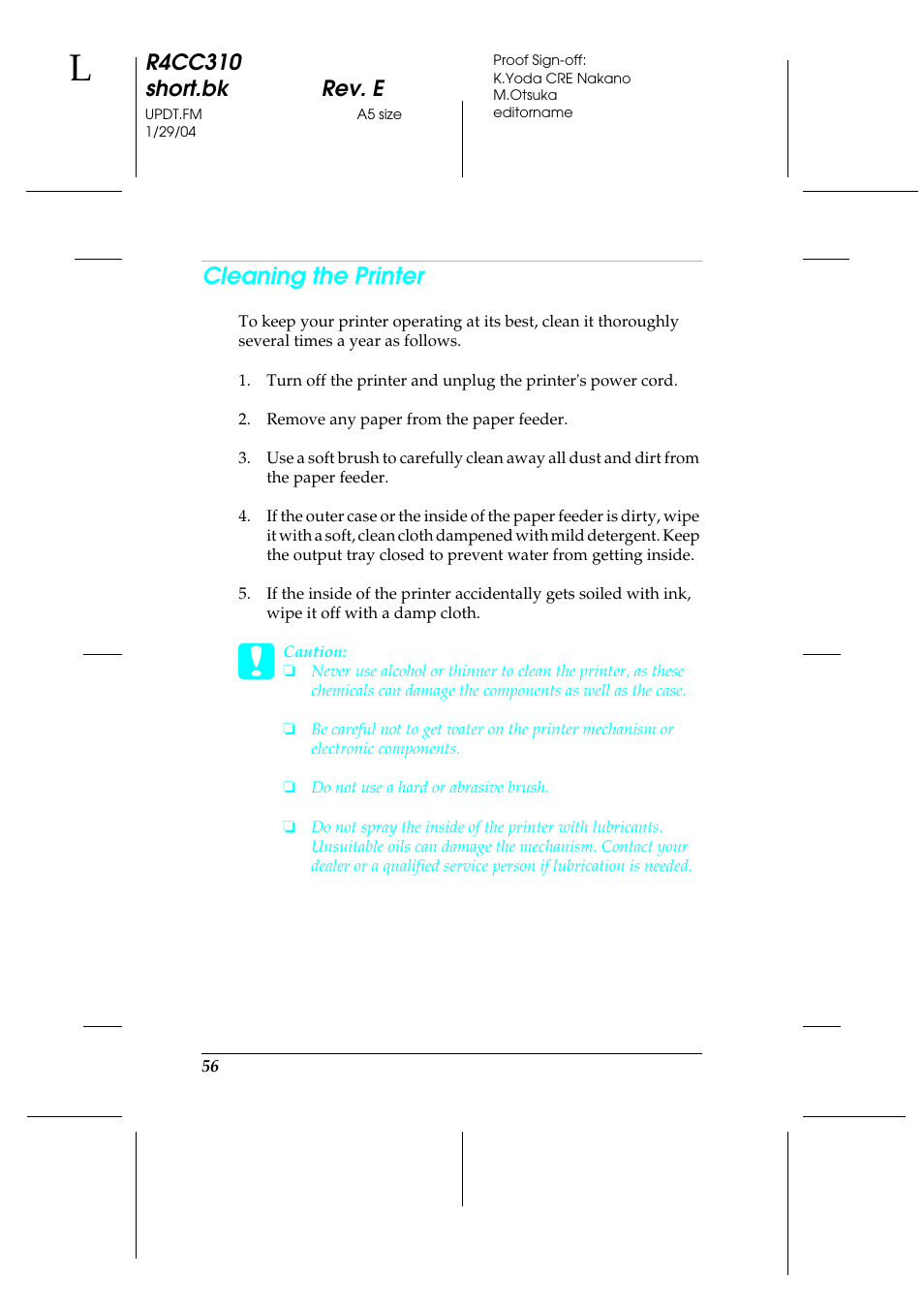 Cleaning the printer | Epson A251B User Manual | Page 56 / 86