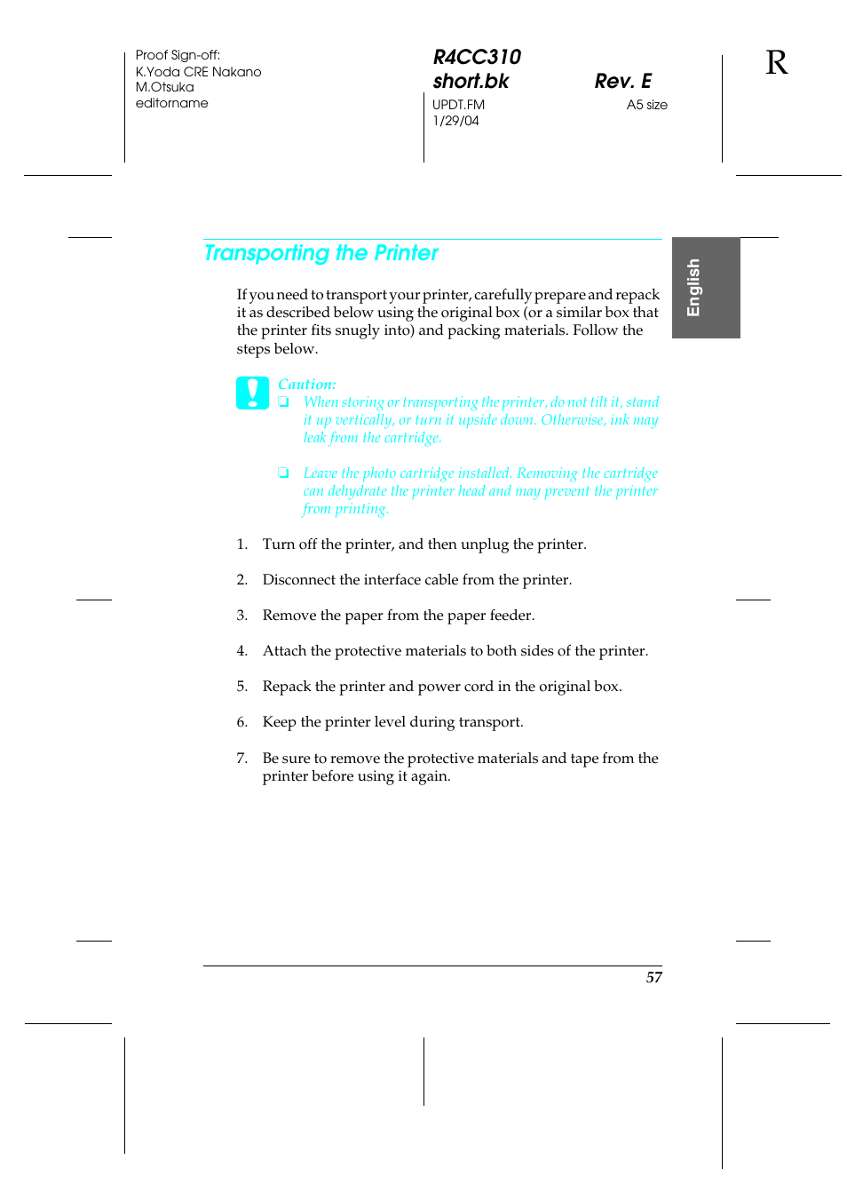 Transporting the printer | Epson A251B User Manual | Page 57 / 86