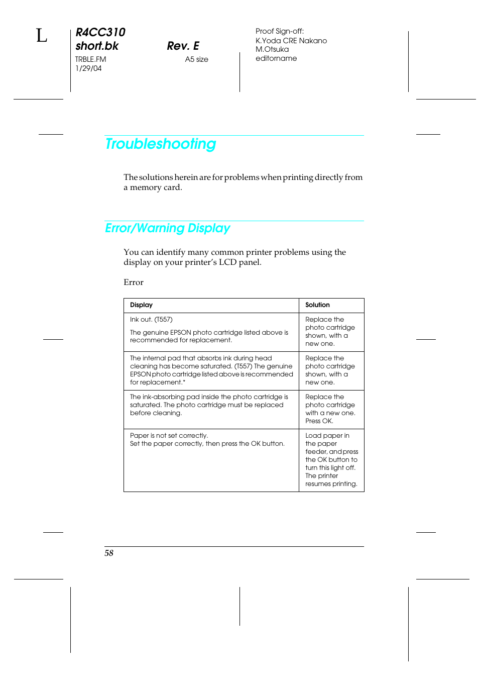 Troubleshooting, Error/warning display, R4cc310 short.bk rev. e | Epson A251B User Manual | Page 58 / 86